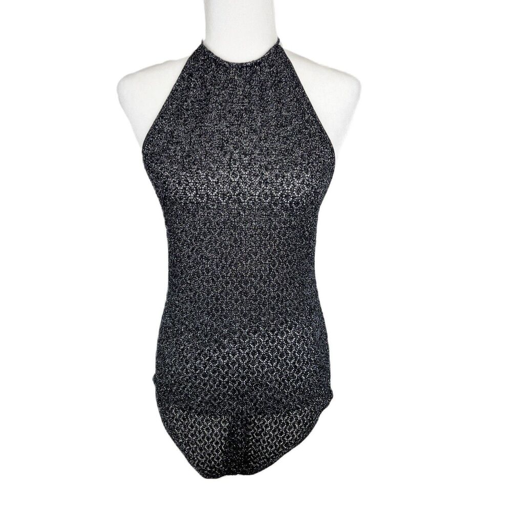 Princess Polly Tank Top Bodysuit Women 10 Black Silver Megan Backless Halter NWT